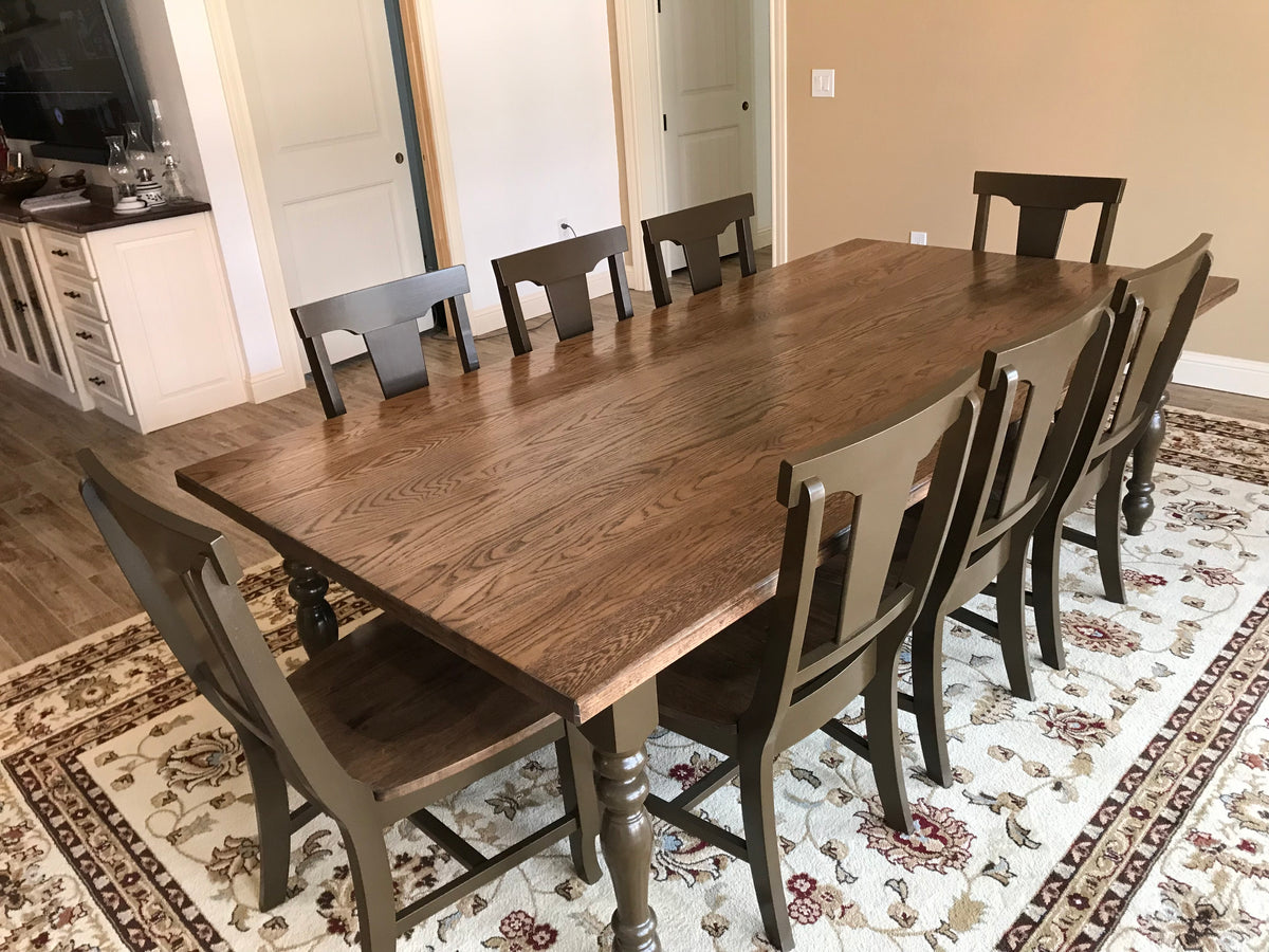 8'x48" White Oak top with Behr Special Walnut stain and Sherwin Williams Dark Clove chairs and Leg bases.
